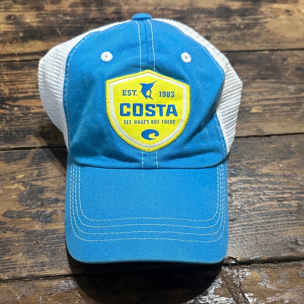 Costa Blue and White Mesh Cap with Yellow Shield Patch